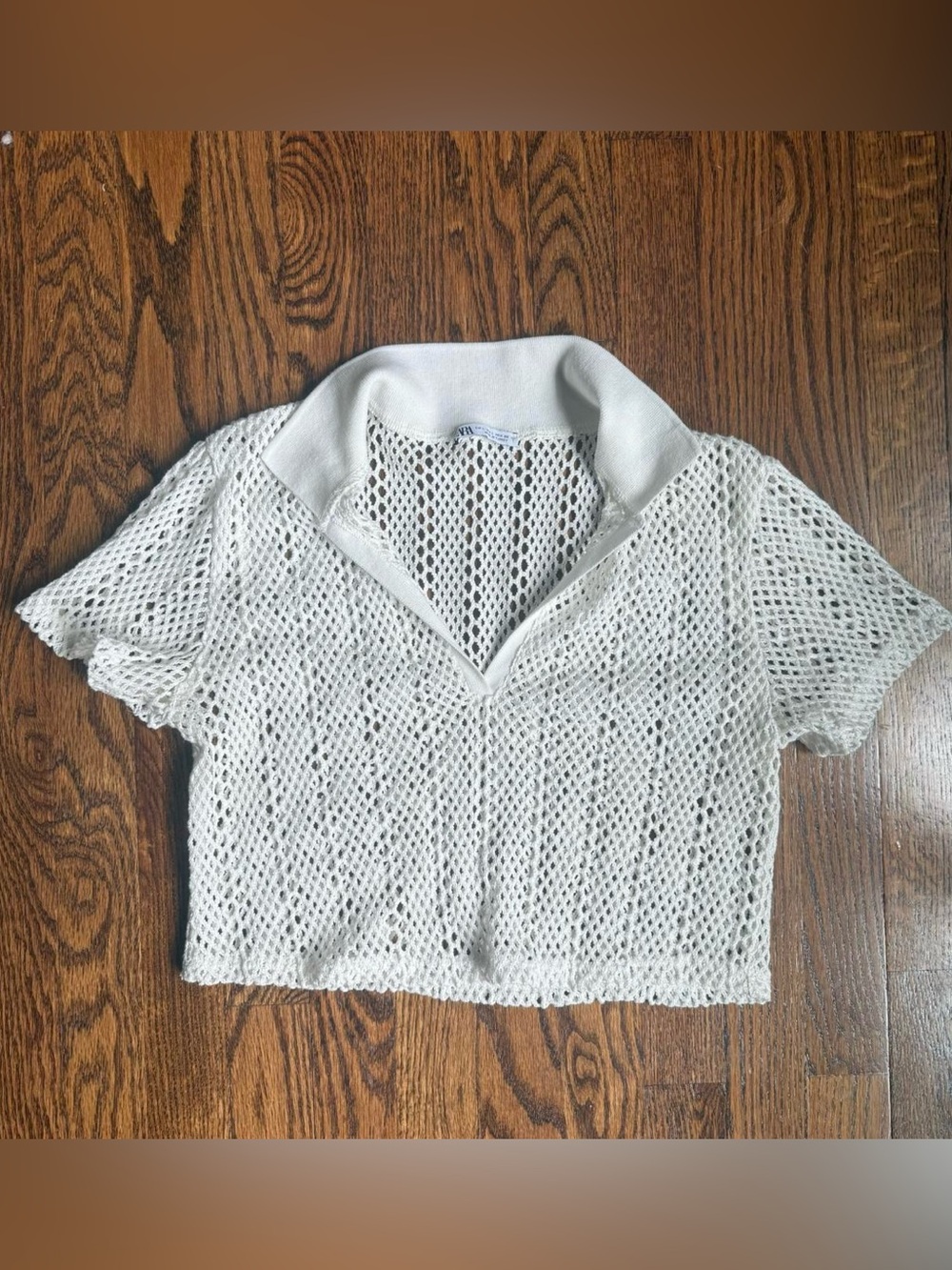 Zara White Open-Knit V-Neck Polo Sweater